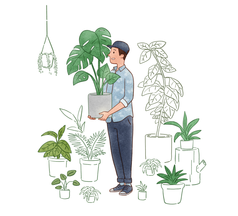 Man holding a pot of plant surrounded with more plants