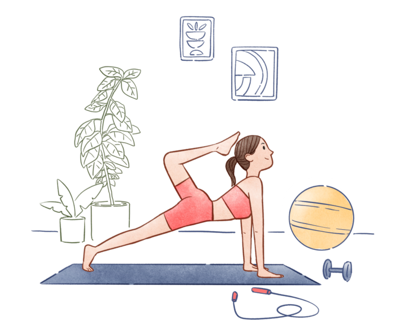 Lady exercising at home on a yoga mat with skipping rope and exercise ball