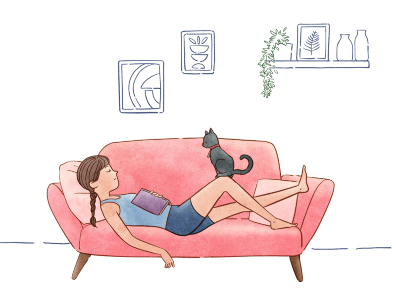 Woman laying on couch with cat on her knee