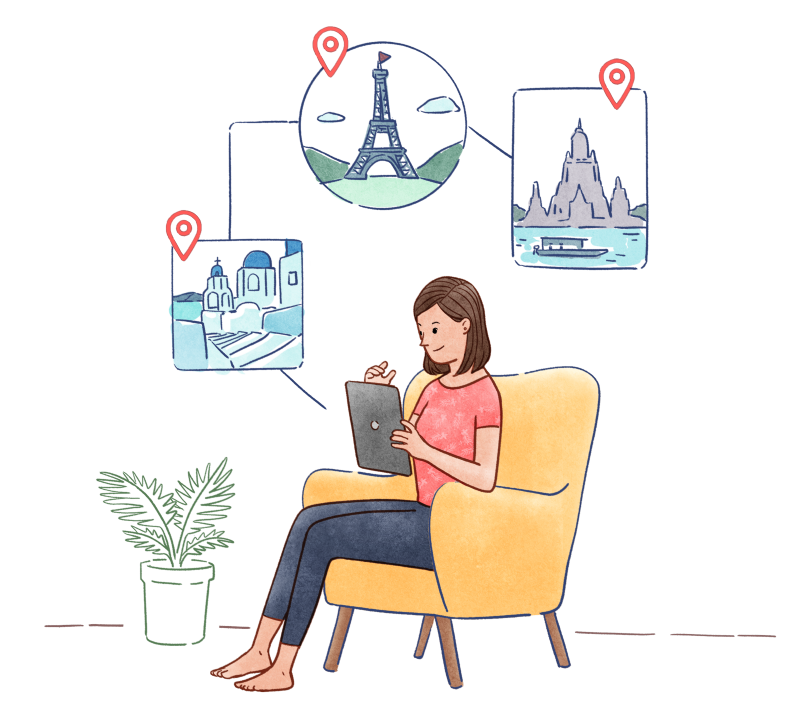 Lady sitting on armchair with a tablet surfing holiday destinations