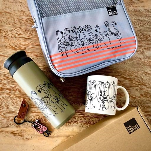 Water bottle, mug, keychain and shoe bag featuring flamingo artwork