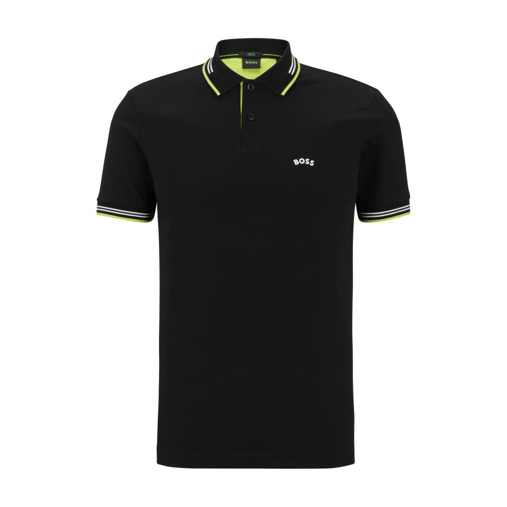 BOSS CURVED-LOGO SLIM-FIT POLO SHIRT IN STRETCH-COTTON PIQUÉ (BLACK) -S ...